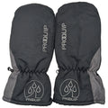 Black and gray waterproof mittens designed for cold weather feature an elastic wrist and a strap for a secure fit with visible branding on the outer side.