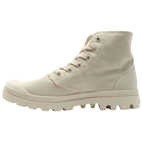 A beige high-top sneaker is positioned centrally with straight laces and metal eyelets showcasing a textured rubber sole it is set against a neutral background