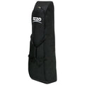 A tall black golf bag stands upright featuring a zippered opening and a strap for carrying displaying the brand name IZZO prominently on the front.