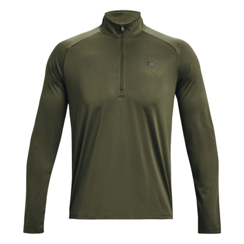 A dark green long-sleeve athletic shirt features a zippered collar and the Under Armour logo on the chest, designed for performance and comfort in casual or active settings.