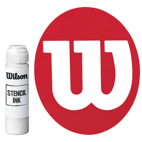 A bottle of stencil ink labeled Wilson is placed beside a large red circular graphic featuring a white stylized letter W against a plain background.