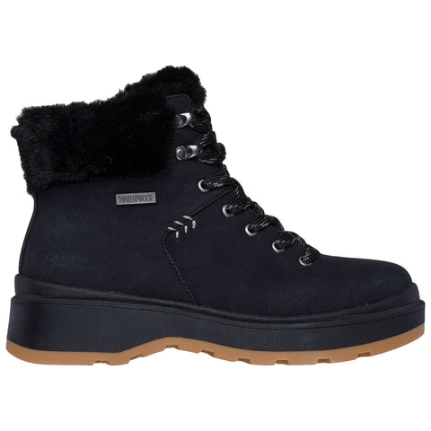 A black waterproof boot is displayed featuring a faux fur collar and a sturdy rubber sole with a lug pattern designed for traction on various surfaces.