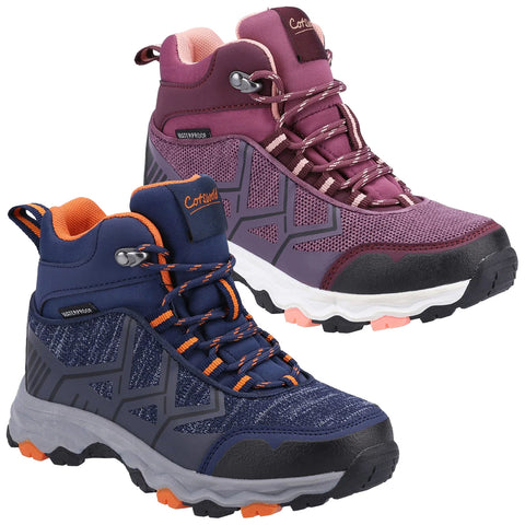 Two pairs of waterproof hiking boots are displayed side by side. One is burgundy with a mesh design and the other is navy blue with orange accents, both suitable for outdoor activities.