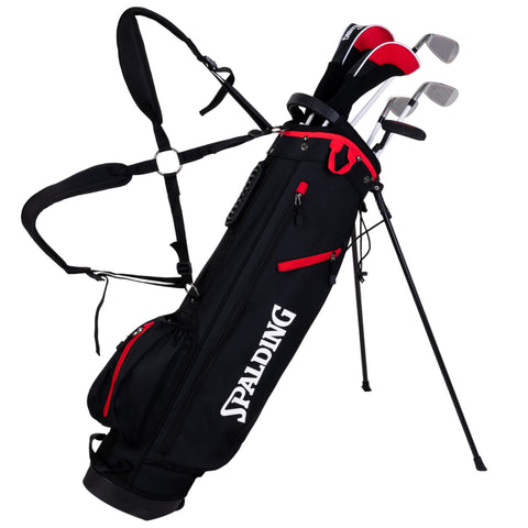 A black and red golf bag with a logo contains multiple golf clubs securely positioned inside it while standing upright on its legs in a neutral setting.