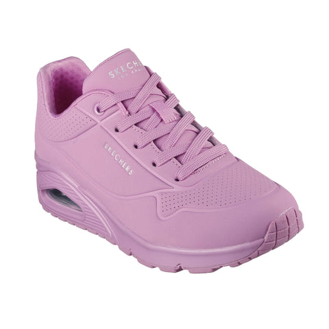 A pink sneaker with a cushioned sole features lace-up closure and perforated detailing on the side providing support and comfort suitable for casual wear or light exercise.