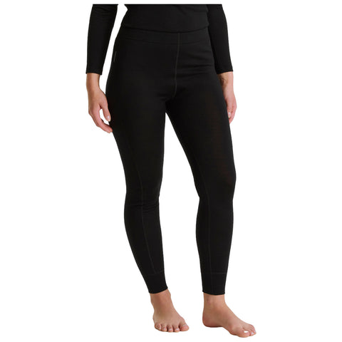 Black leggings are worn by a standing person with bare feet showcasing a fitted design and a smooth texture in a neutral background setting.