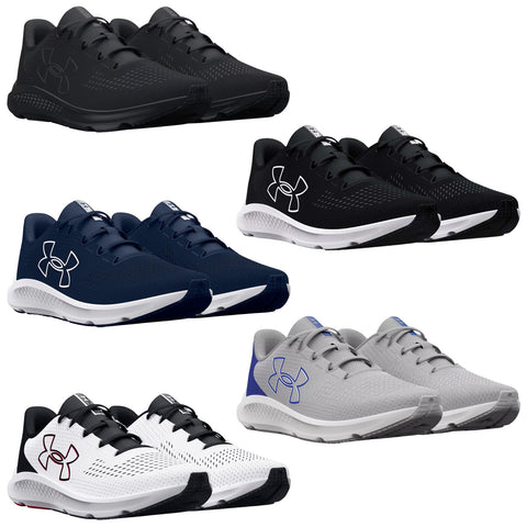 Athletic shoes are displayed in four color variations including black navy white and gray. They are positioned in two rows showing a sleek design suitable for sports activities.