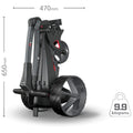 A golf push cart is folded upright displaying dimensions of 470mm width and 650mm height alongside a weight of 9.9 kilograms emphasizing its compactness and portability.