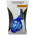 A blue golf ball with a line marker system is positioned alongside a black and white pen within a plastic packaging labeled Legend Golfgear line marker ball system.