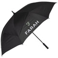 A black umbrella is open displaying the logo and name "FARAH" in white and green. It is designed to provide cover from rain or sun in outdoor settings.