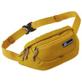 A yellow waist bag with a front zipper pocket and decorative cord pulls is displayed. It features an adjustable strap and is designed for practical use in casual settings.