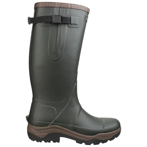 A green rubber boot stands upright displaying a textured sole and a brown band at the top with an adjustable strap for a secure fit suitable for wet outdoor activities.