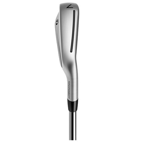 A golf club is displayed upright showcasing its sleek, metallic head with a slightly angled design and branding details indicative of quality craftsmanship in an indoor setting.