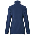 A dark blue fleece jacket hangs displaying a high collar and long sleeves it features a simple design suitable for casual outdoor wear