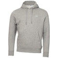 A gray pullover hoodie with a front pocket and drawstrings rests against a neutral background showcasing its simple design and subtle branding on the chest as it hangs freely.