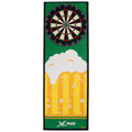 A dartboard is positioned at the top above a large graphic of a frothy beer glass with bubbles on a green background showcasing a fun recreational theme.