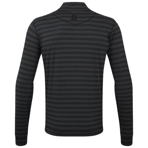 A long-sleeved black and gray striped shirt is displayed facing away showing its back design in a neutral setting. The fabric appears smooth and lightweight suitable for layering.