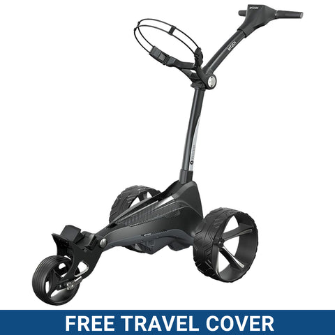 A black golf push cart with large wheels is positioned upright showcasing its sleek design and sturdy frame while a banner below states FREE TRAVEL COVER