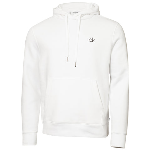 A white hoodie with a front pocket and drawstrings is displayed against a neutral background featuring a small logo on the left chest area indicating the brand.