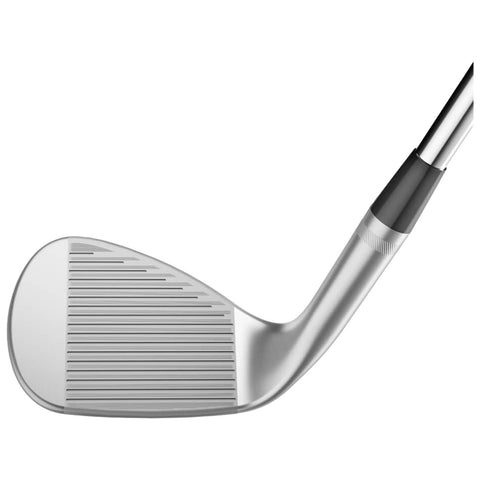 A golf club is positioned upright with its angled face visible showing grooves designed for ball control in play against a plain background.