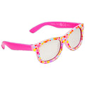 Colorful heart-patterned sunglasses rest against a white background showcasing a playful design and pink frame meant for children likely intended for outdoor use.