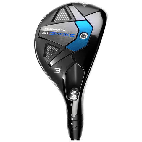 A golf club with a sleek black and blue design is positioned upright displaying a closed face and numbered '3' indicating its type for mid-range shots on a golf course.