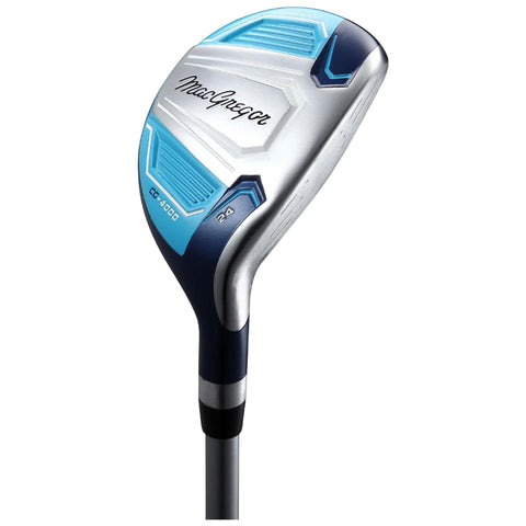 A golf club is showcased with a sleek design featuring a silver head and blue accents while the club number 24 is prominently displayed highlighting its intended use for mid-range shots.