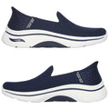 Navy slip-on shoes are displayed from two angles showcasing a textured upper and a cushioned sole designed for comfort in casual settings. The brand name appears on the side.