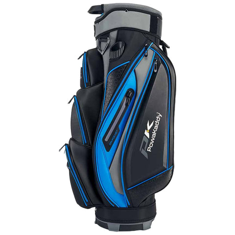 A golf bag with a sleek design in black and blue stands upright featuring multiple pockets for storage and equipped with a top handle for easy carrying.