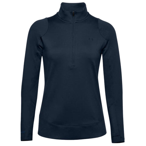 A dark long-sleeve pullover with a high collar and quarter zip is displayed on a plain background emphasizing its sleek design and athletic look suitable for active wear.