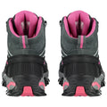 Two pairs of modern hiking boots are positioned back to back showcasing a gray and black exterior with bright pink accents the boots have textured soles and padded collars for support.