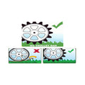 A large trolley wheel icon is displayed with a green background indicating a no trolley ban while two smaller wheels illustrate prohibited and acceptable uses showing a hedgehog fitted on one wheel for differentiation.