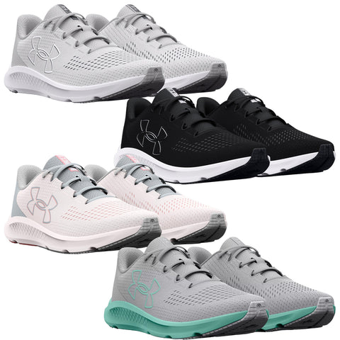 A pair of athletic shoes is positioned side by side showcasing a light gray and white mesh upper with subtle pink accents and a textured sole designed for running or training.