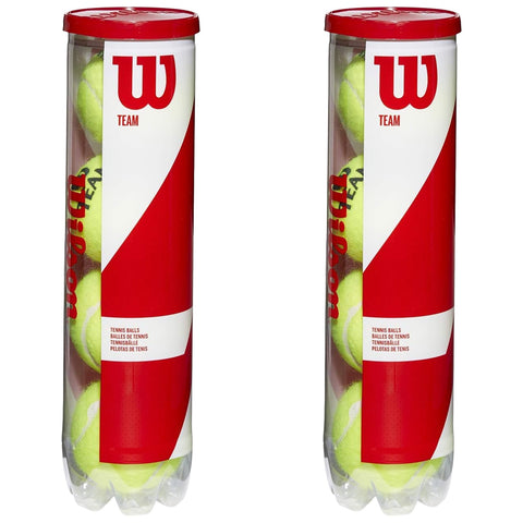 Two cylindrical containers hold tennis balls each displaying a red and white Wilson logo with the word TEAM prominently featured in the design indicating they are packaged tennis balls.