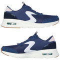 A pair of navy blue athletic shoes features a combination of mesh and suede materials with white accents and visible air cushioning in the sole resting against a white background.