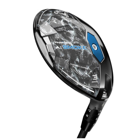 A golf club head with a sleek, modern design features a carbon fiber pattern and blue accents, indicating advanced materials and technology, ready for use on a golf course.