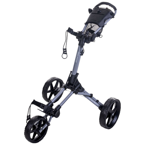 A golf push cart stands upright with three large wheels the handle features a mesh pocket and attached strap the overall design is lightweight and suitable for carrying golf bags on a course