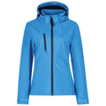 A blue jacket with a hood and zipper details hangs vertically showcasing a sleek design suitable for outdoor activities or casual wear against a plain white background.