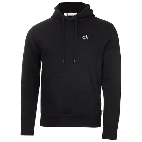 A black hoodie is displayed featuring a front pocket and a drawstring hood with the letters ck embroidered on the chest suggesting casual wear suitable for cool weather.