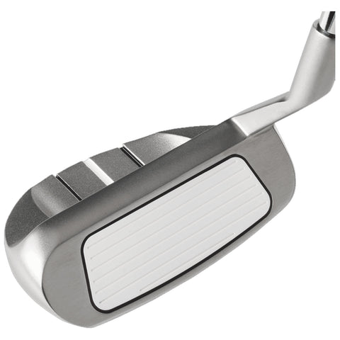 A golf club is positioned at an angle with its flat face visible showing a textured white striking surface designed for precision impact in a golfing environment.