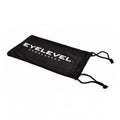 A black storage pouch lies flat featuring the text EYLEVEL SUNGLASSES prominently displayed in white the pouch is designed for holding sunglasses and includes drawstrings at the opening.