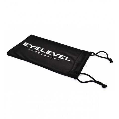 A black storage pouch lies flat featuring the text EYLEVEL SUNGLASSES prominently displayed in white the pouch is designed for holding sunglasses and includes drawstrings at the opening.