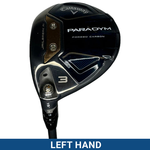 A golf club head, labeled as Callaway Paradym, is designed for performance with forged carbon materials. It features settings for loft adjustment and is positioned to indicate use for the left hand.