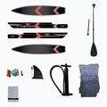 A set of paddleboard components is displayed including multiple board segments paddle fin pump and accessories organized on a light background ready for assembly and use in water activities.