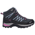 Mid-cut hiking boots with a black and gray design feature waterproof materials and pink accents. They have a durable sole suited for outdoor activities and are designed for stability and comfort.