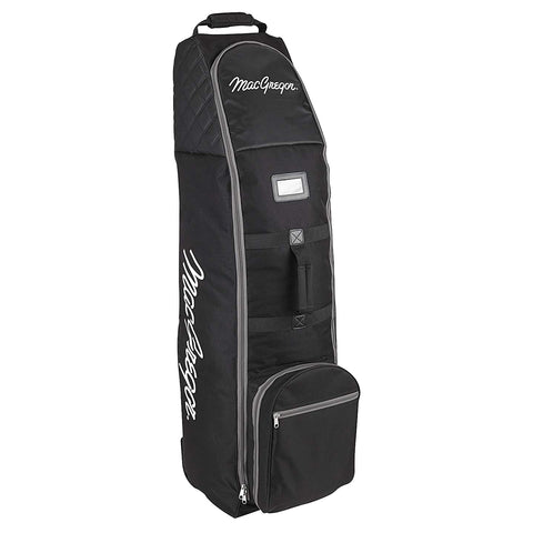 A tall black golf bag with the brand name MacGregor prominently displayed contains compartments for golf clubs and gear standing upright on a flat surface.