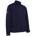 A navy jacket with a high collar and a front zipper features two side pockets and a branded logo on the left sleeve, designed for casual or outdoor wear.