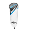 A golf club head cover is positioned upright displaying a sleek design with a black top and white base featuring blue and black graphics along with the Callaway logo.