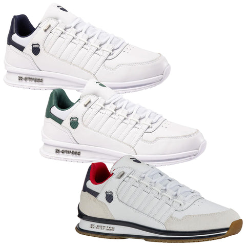 Three pairs of white athletic shoes are arranged vertically. The top pair features navy accents, the middle pair has green accents, and the bottom pair includes red accents with a gray section.