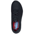 A black athletic shoe with a smooth design features shoelaces and perforated sections for breathability. The interior showcases red cushioning labeled with Skechers Air-Cooled and Memory Foam.